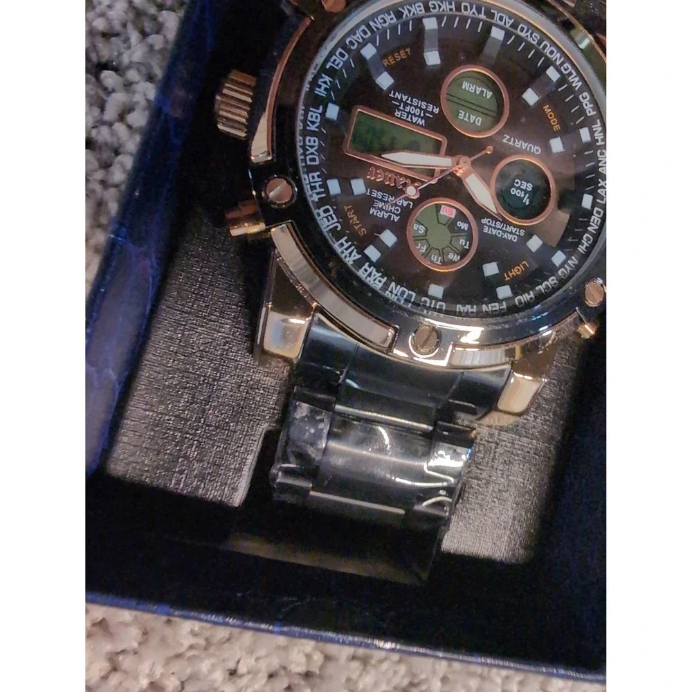 Stauer Quartz Digital Analog Black Rose Gold Tone Mens Wristwatch w/Box Chrono‎